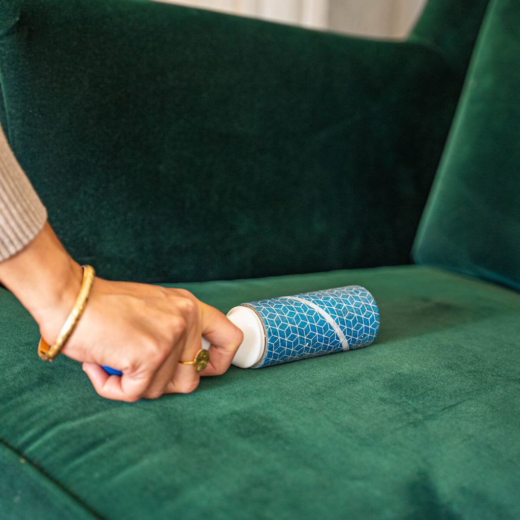 Utilisation de la brosse adhésive Eléphant Maison sur un canapé en velours.