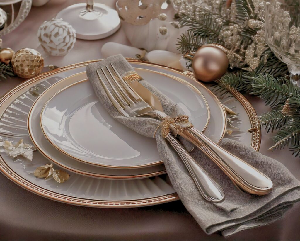 Vaisselle de fêtes avec des couverts en argent